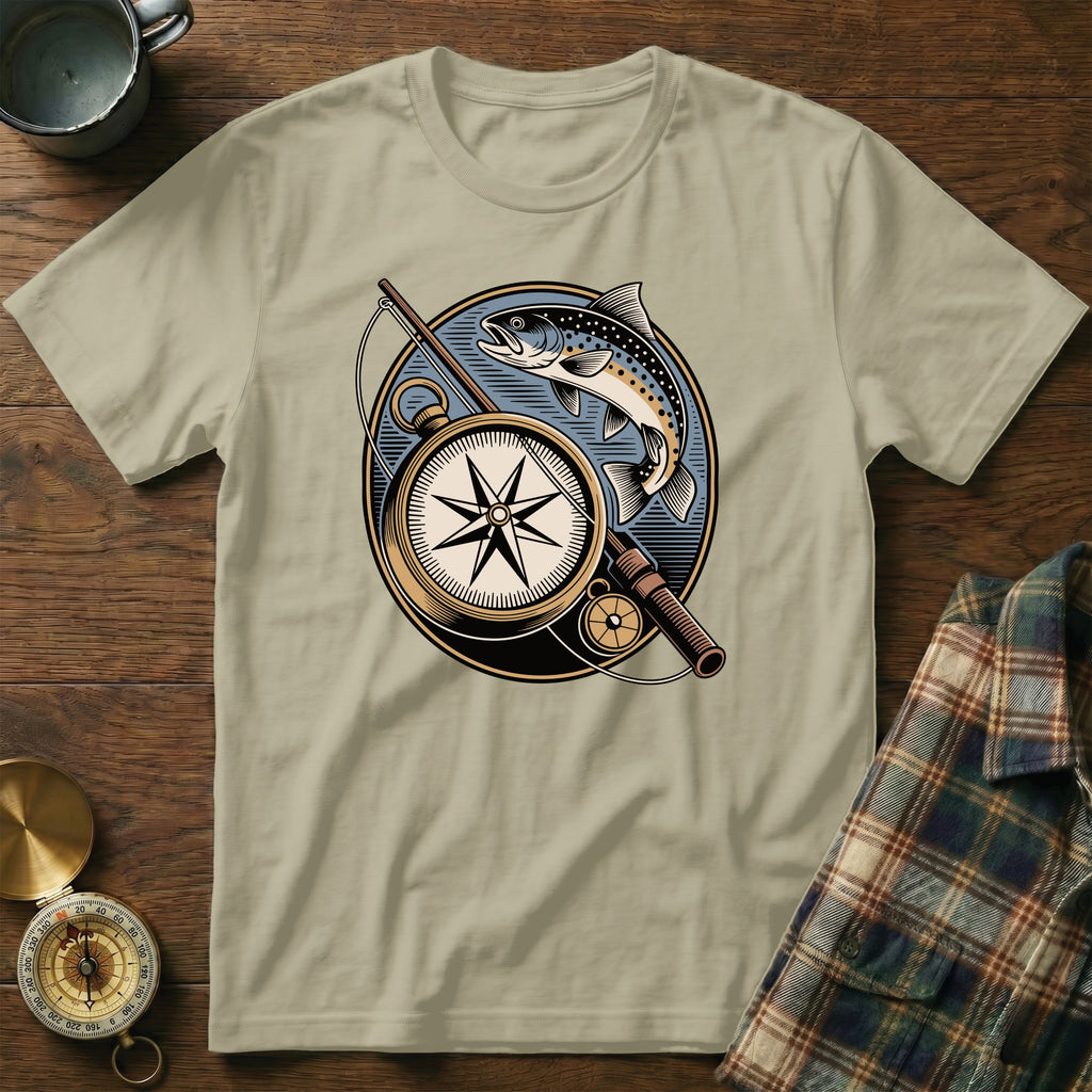T-shirt design with fishing rod, compass, and trout.