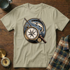 T-shirt design with fishing rod, compass, and trout.