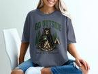 Graphic t-shirt with bear by campfire and tent, reads "GO OUTSIDE GREAT VIEW. UNCLEAR EXIT."