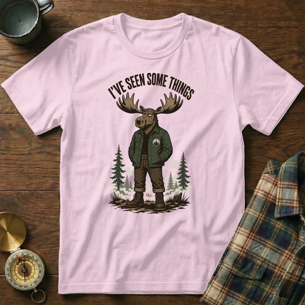 Pink t-shirt with graphic of a moose in a jacket and pants, with text "I'VE SEEN SOME THINGS".