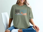 T-shirt with "FROM SUMMIT TO SEA" text, mountains, waves, and sunset graphic.