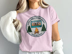 Pink t-shirt with circular retro mixtape and campfire graphic.