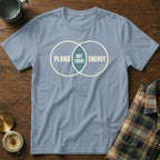 Light blue t-shirt with a Venn diagram graphic that says "Plans", "Not Today", and "Energy".