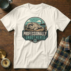 White t-shirt with a graphic of a seal in sunglasses and the text "PROFESSIONALLY UNBOTHERED".