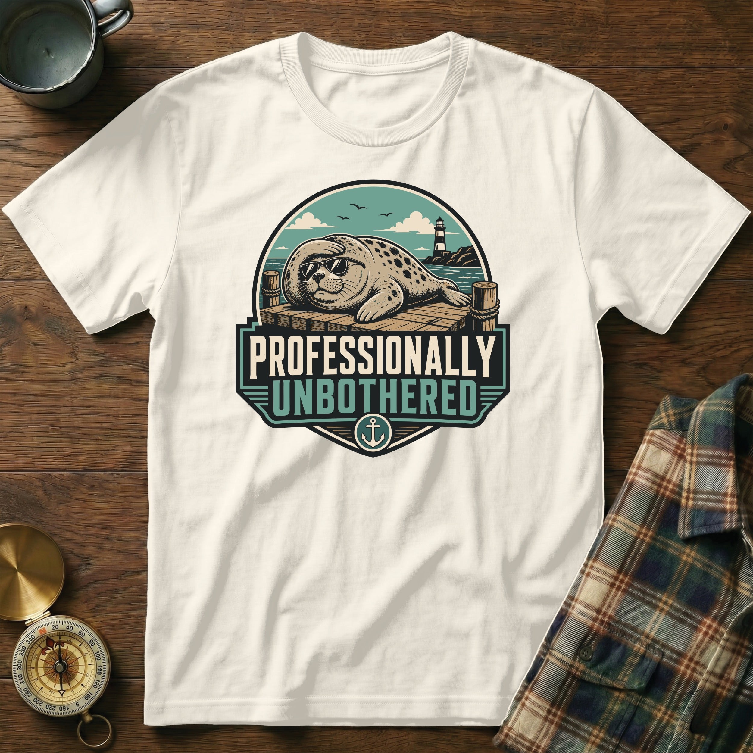 White t-shirt with a graphic of a seal in sunglasses and the text "PROFESSIONALLY UNBOTHERED".