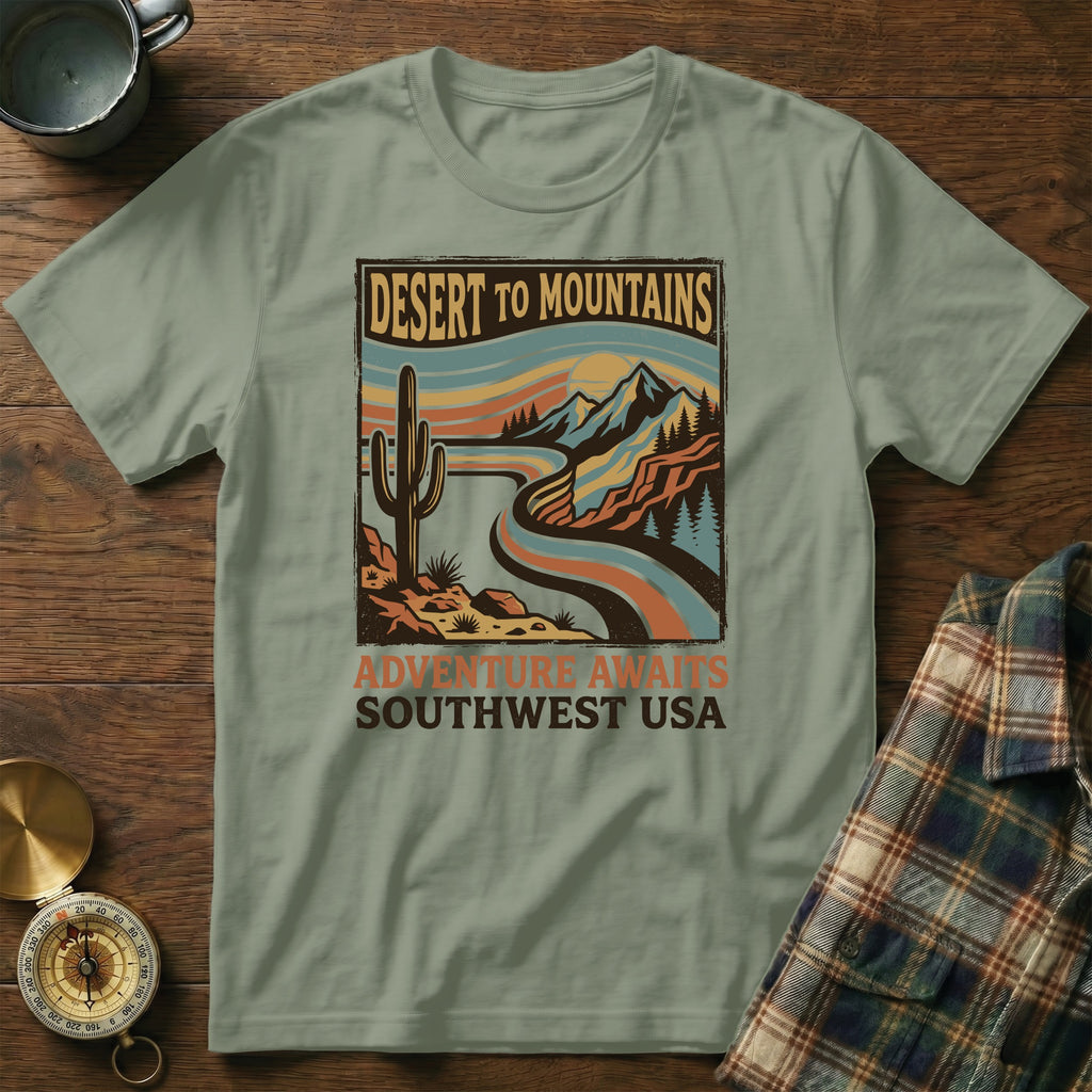 T-shirt graphic with "Desert to Mountains Southwest USA" and desert landscape.