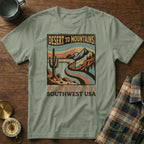 T-shirt graphic with "Desert to Mountains Southwest USA" and desert landscape.