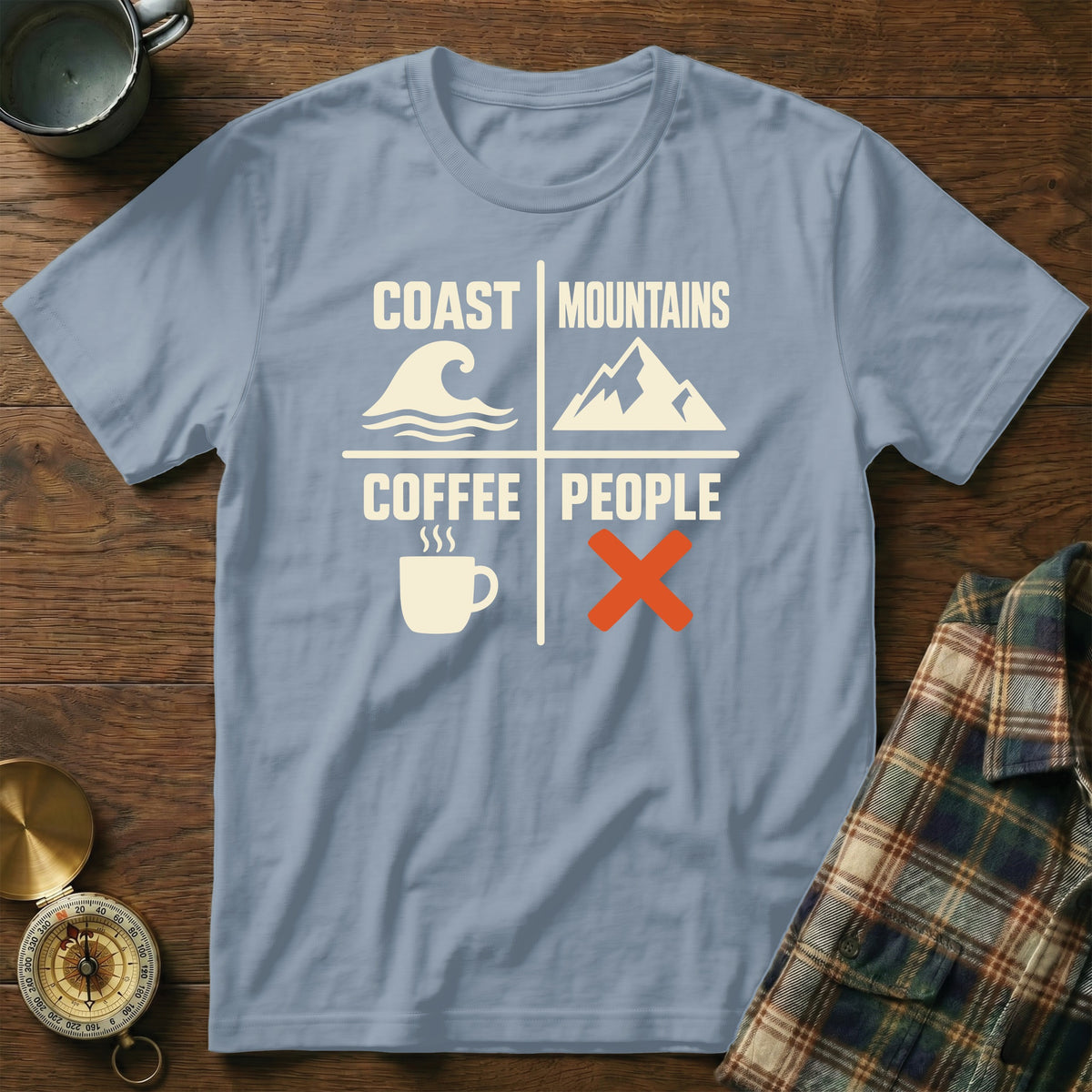 Light blue t-shirt with "Coast Mountains Coffee People" and icons.