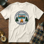 T-shirt with retro cassette tape, campfire, and trees design.