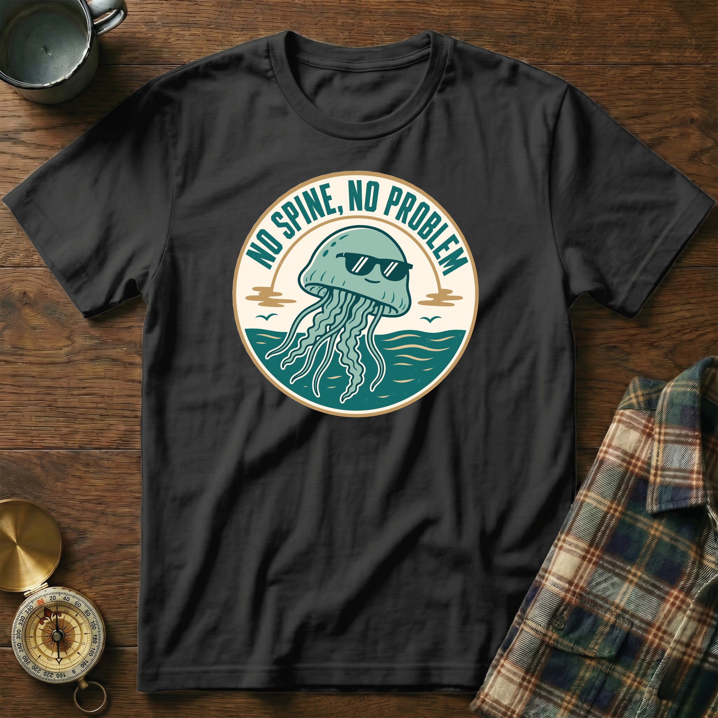 Black t-shirt with cartoon jellyfish wearing sunglasses and text "NO SPINE, NO PROBLEM".