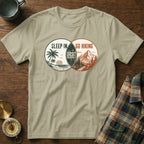 T-shirt with "Sleep In" beach scene and "Go Hiking" mountain scene separated by "Regret."