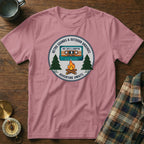 Pink t-shirt with a circular retro cassette tape and campfire graphic.