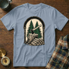 Axe in tree stump with stacked wood, framed by pine trees.