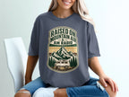Graphic t-shirt with Mountains, van, trees, and text "Raised on Mountain Air & AM Radio."