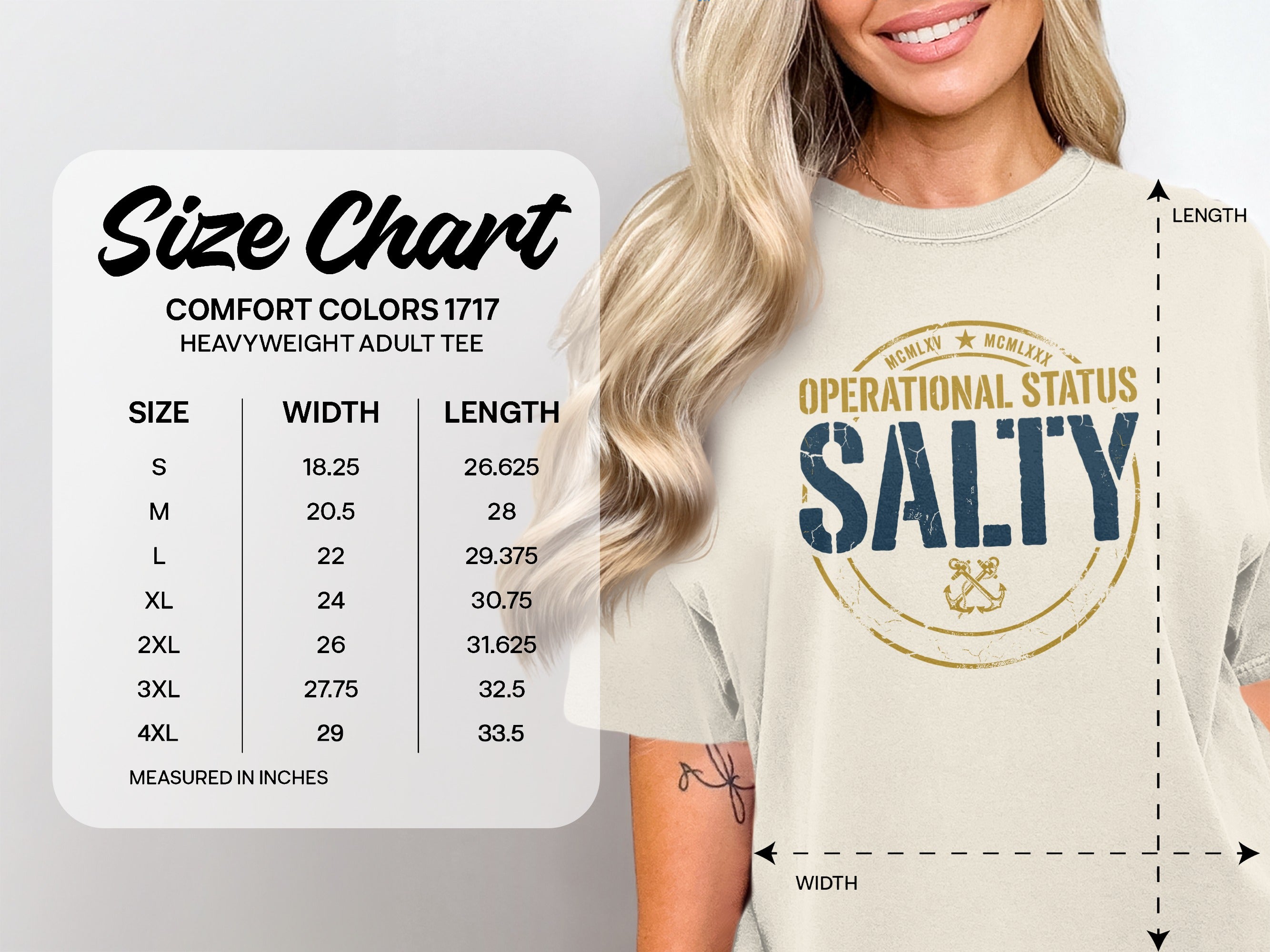 Comfort Colors 1717 heavyweight adult tee size chart for width and length.