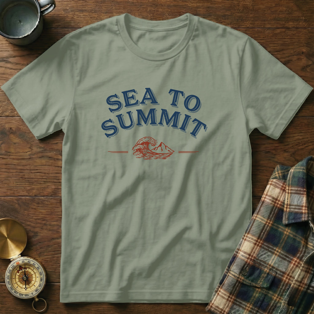 Light green t-shirt with "SEA TO SUMMIT" text and wave and mountain graphic.