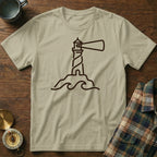 Light beige t-shirt with a dark brown minimalist lighthouse and wave graphic.