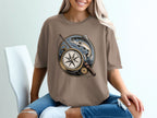 T-shirt graphic with compass, fishing rod, and trout.
