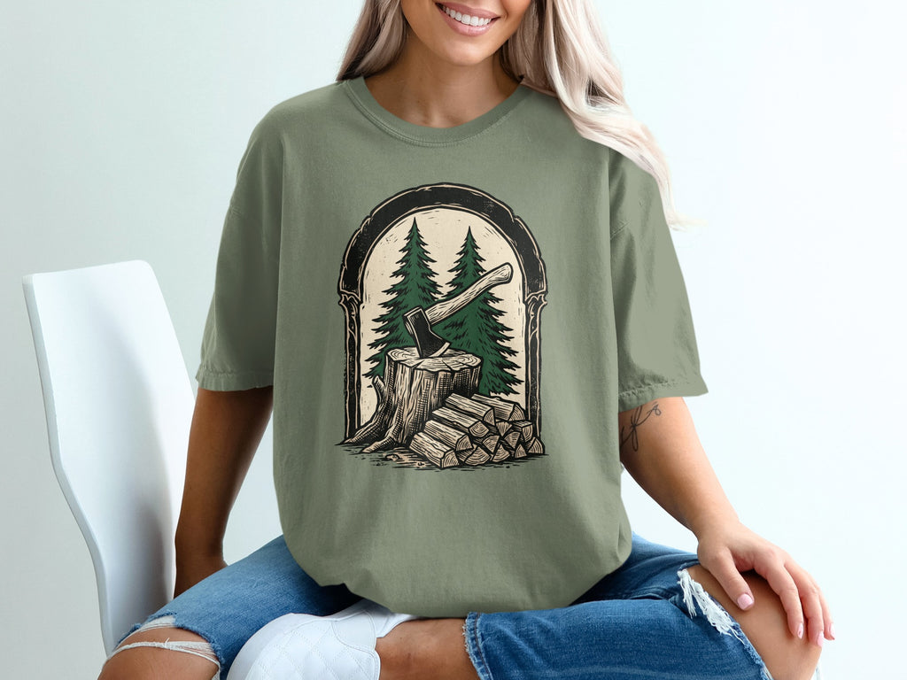 Woodcut illustration of axe in tree stump with stacked firewood and pine trees.