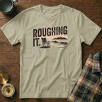 T-shirt with "ROUGHING IT." text, a beach chair, and waves graphic.