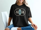 Black t-shirt with Venn diagram graphic: "The Plan," "Rarely," "The Trail."