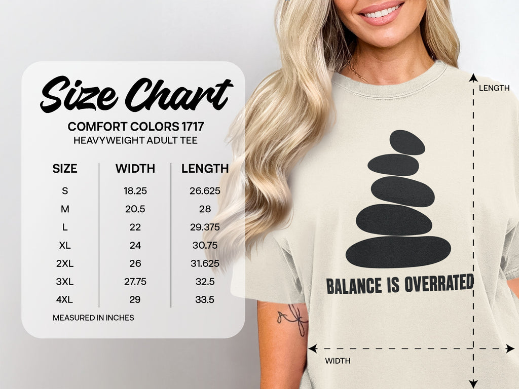 Comfort Colors 1717 heavyweight adult tee size chart with width and length measurements.