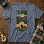 Gray t-shirt with "Treeline or Bust" text and mountain sunset graphic.