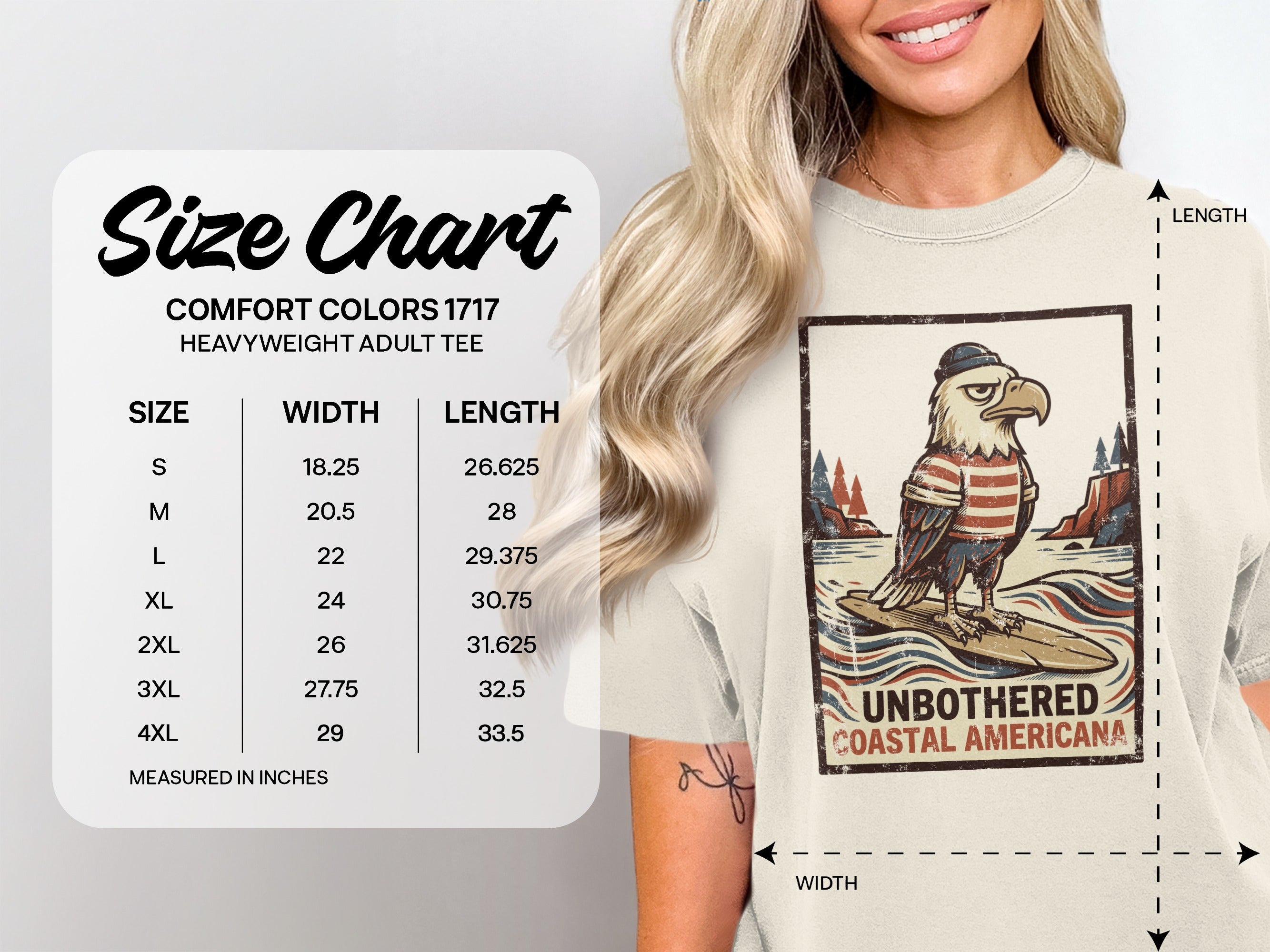 Comfort Colors 1717 heavyweight adult tee size chart with width and length measurements.
