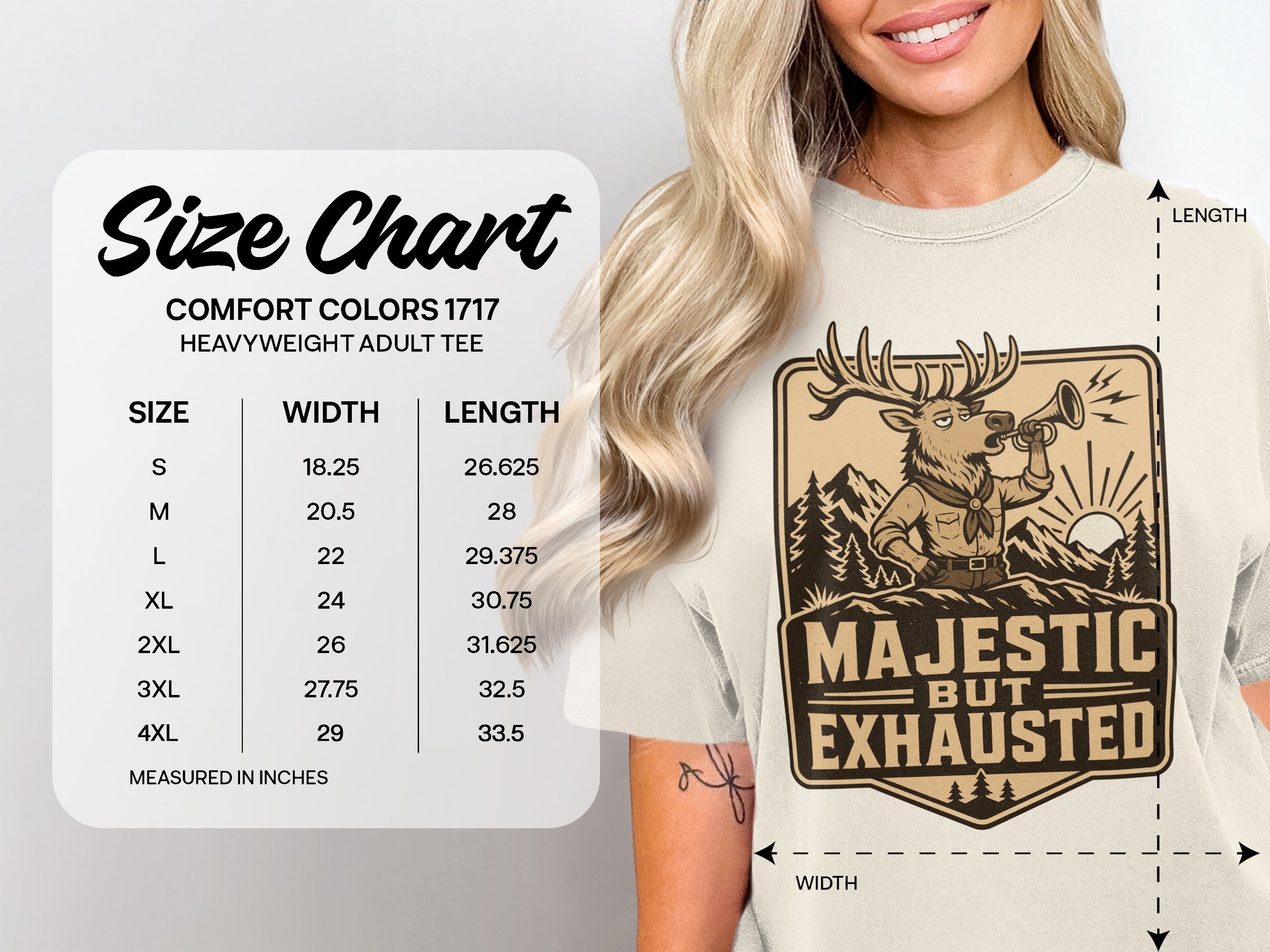 Size chart for Comfort Colors 1717 heavyweight adult tee with deer graphic.