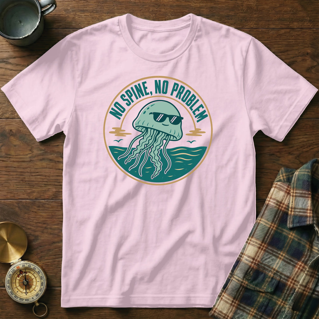 Pink t-shirt with a graphic of a jellyfish wearing sunglasses, reading "No Spine, No Problem".