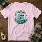 Pink t-shirt with a graphic of a jellyfish wearing sunglasses, reading "No Spine, No Problem".
