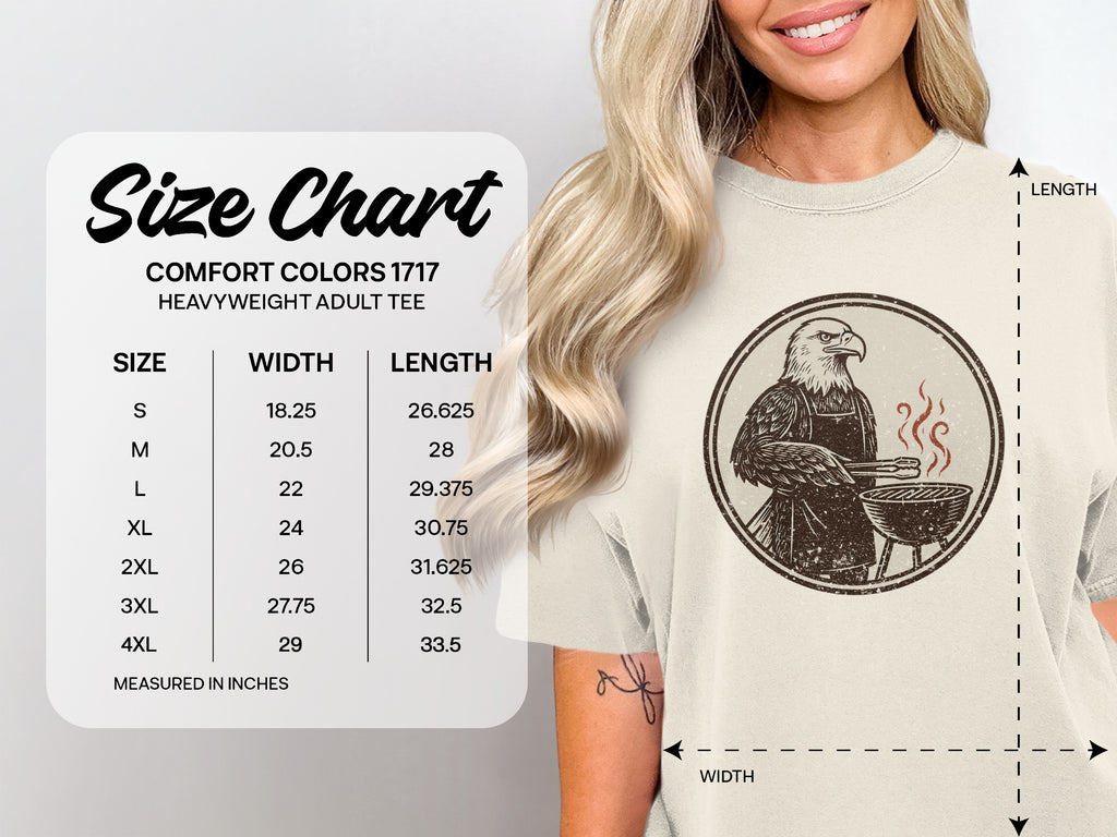 Size chart for Comfort Colors 1717 heavyweight adult tee with eagle grilling graphic.