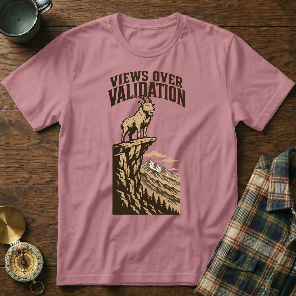 T-shirt with "Views Over Validation" text and a goat on a cliff.