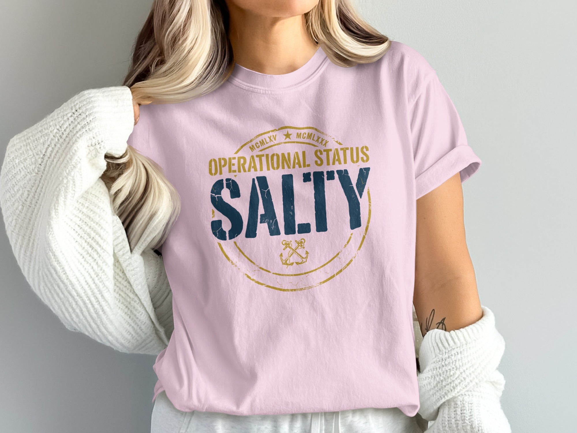 Pink t-shirt with "Operational Status Salty" and anchor graphic.