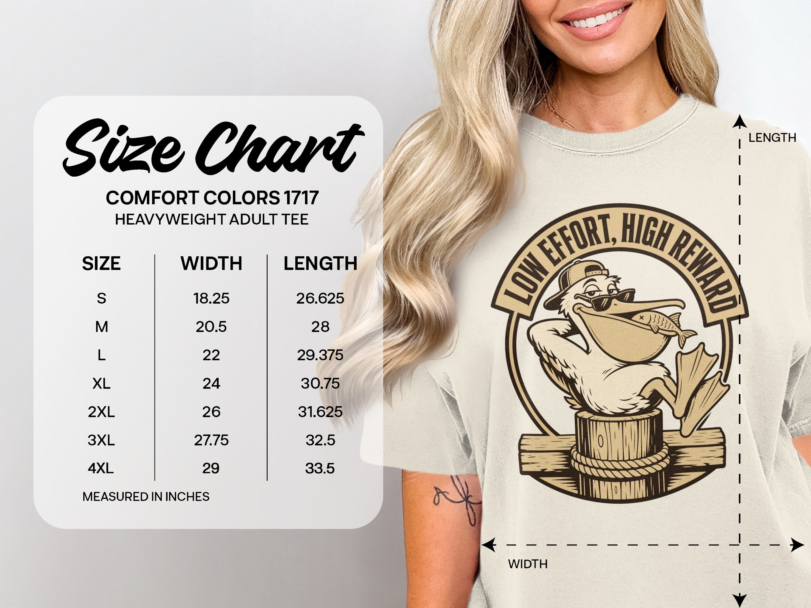 Comfort Colors 1717 heavyweight adult tee size chart with width and length measurements.
