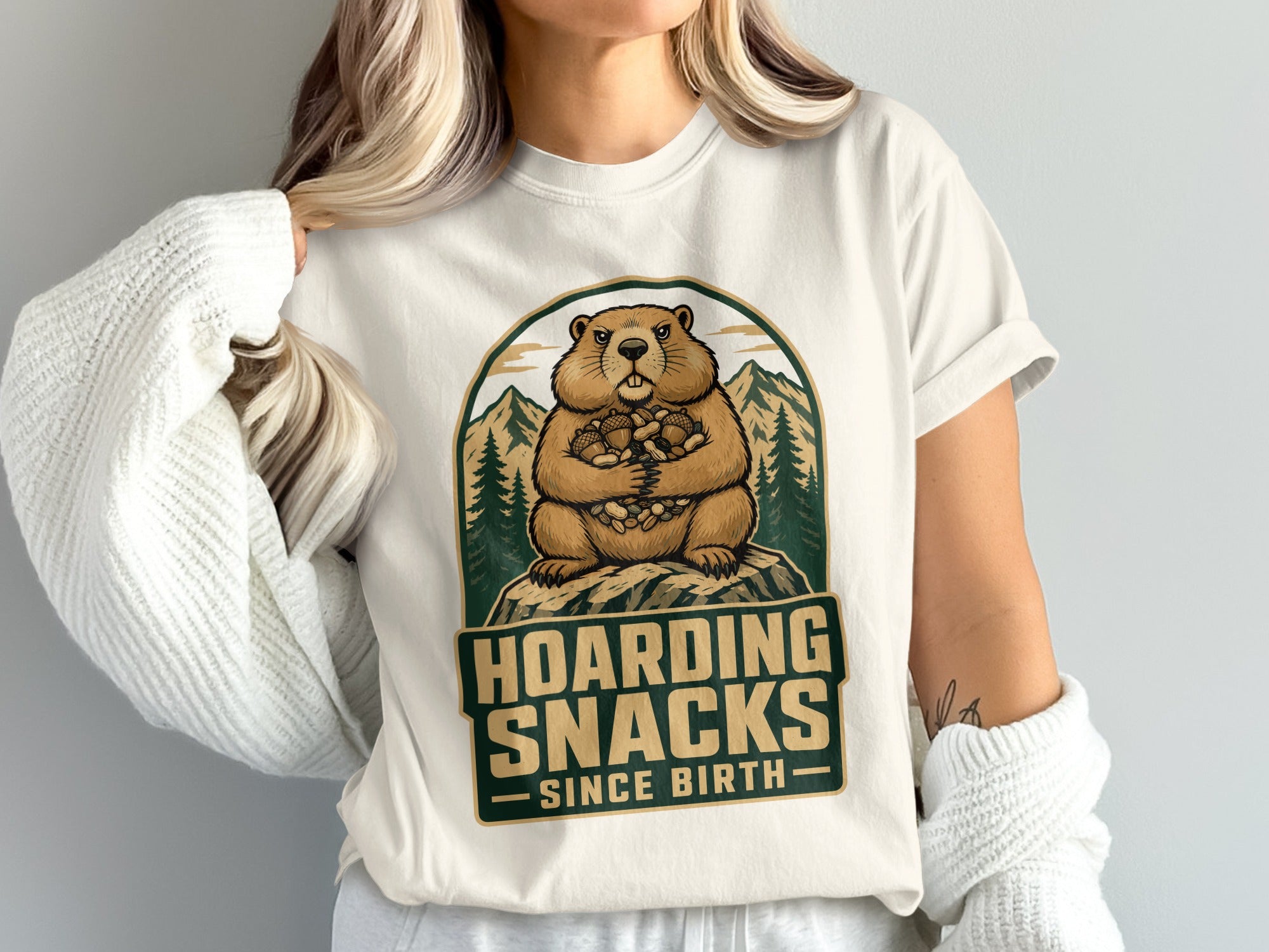 Groundhog hoarding snacks design with text "Hoarding Snacks Since Birth".
