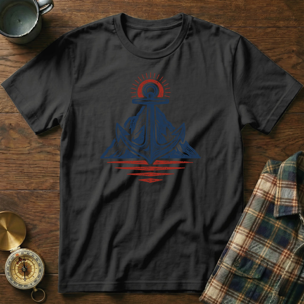 Dark grey t-shirt with a blue and red anchor and mountain graphic.
