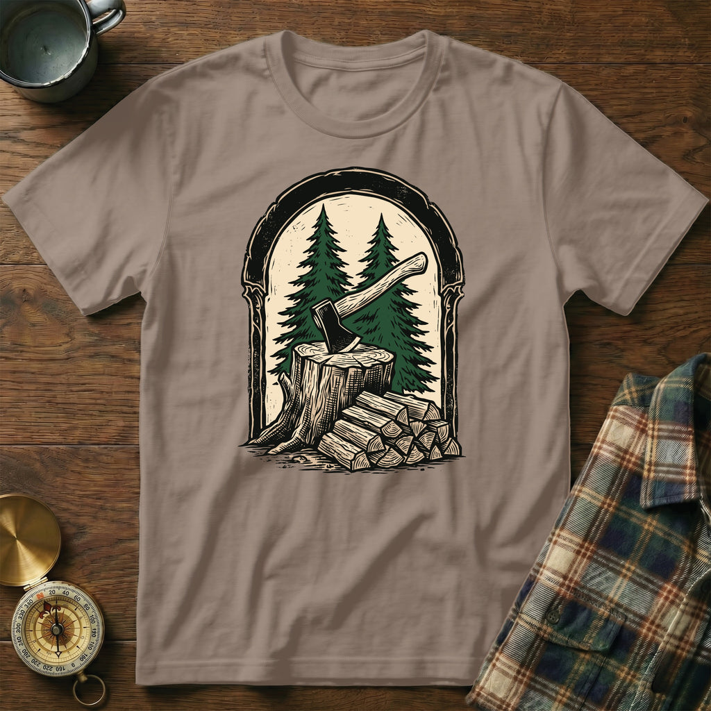 Illustration of an axe in a tree stump with stacked firewood and pine trees.