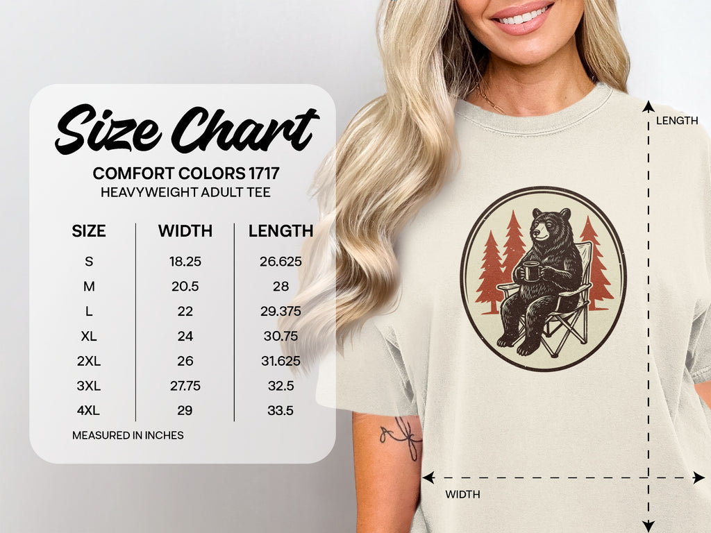 Comfort Colors 1717 heavyweight adult tee size chart with measurements in inches.