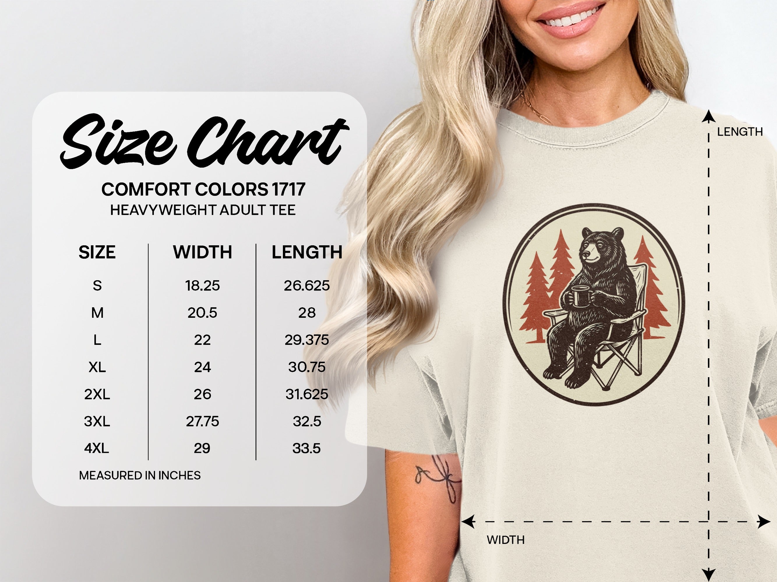 Comfort Colors 1717 heavyweight adult tee size chart with measurements in inches.
