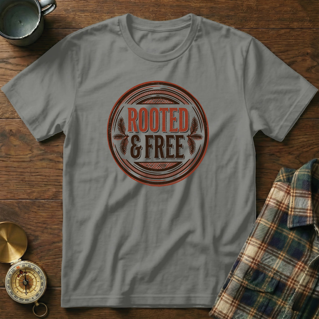 Grey t-shirt with "ROOTED & FREE" graphic in circular emblem.