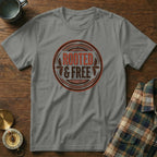 Grey t-shirt with "ROOTED & FREE" graphic in circular emblem.