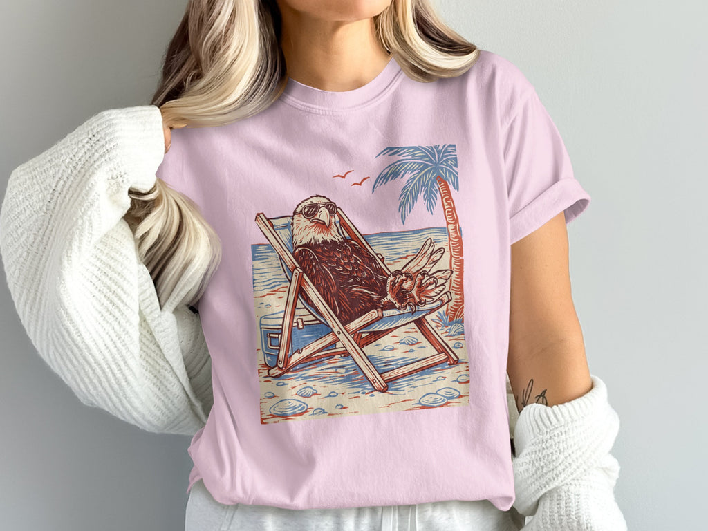 Eagle with sunglasses relaxing in a beach chair on a sandy beach illustration.