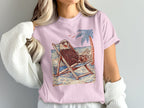 Eagle with sunglasses relaxing in a beach chair on a sandy beach illustration.