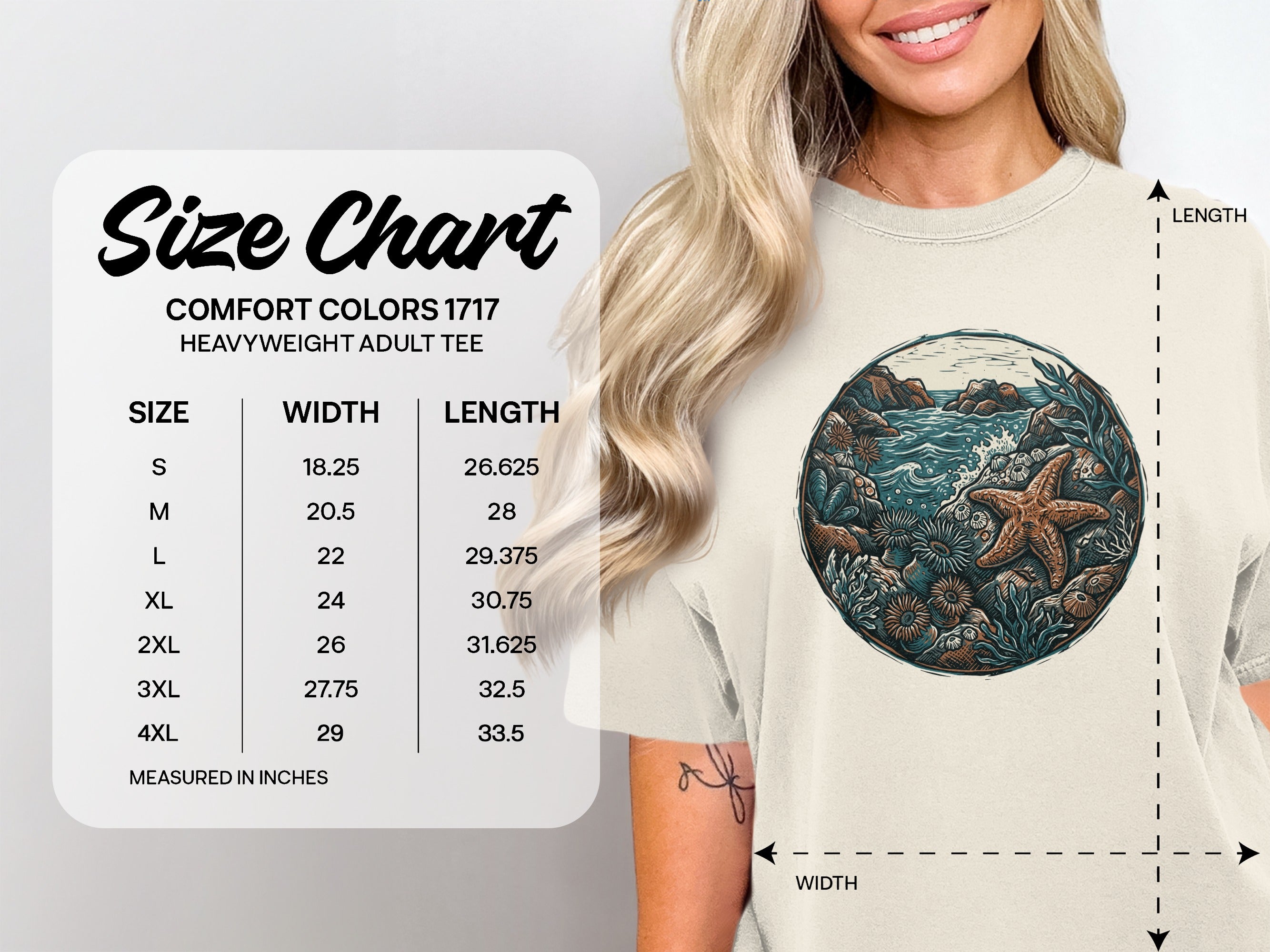 Size chart for Comfort Colors 1717 heavyweight adult tee with measurements.