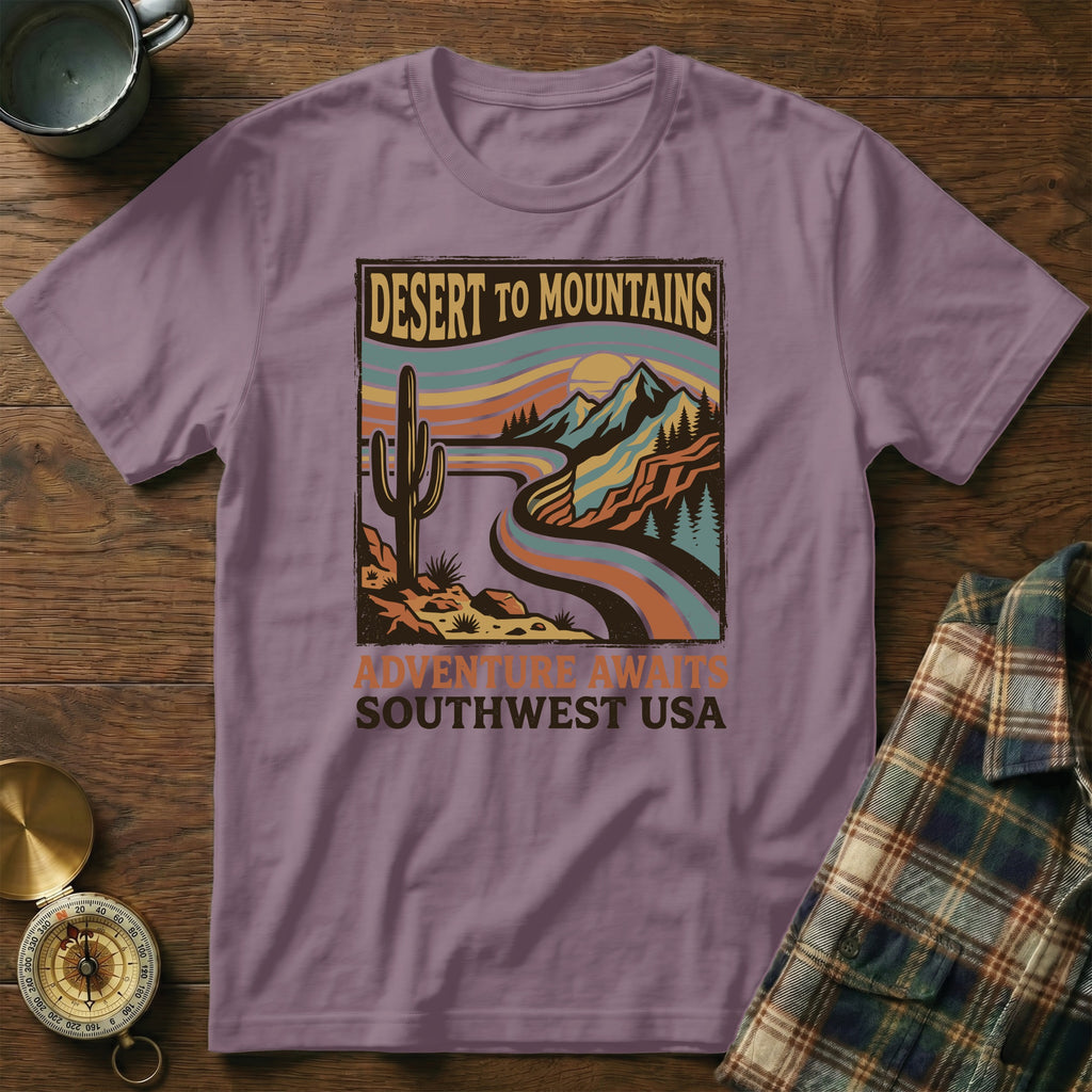 Purple t-shirt with "Desert to Mountains Adventure Awaits Southwest USA" graphic.
