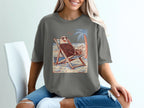 Illustration of eagle in sunglasses relaxing in a beach chair with palm tree.