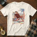 Graphic tee featuring an eagle relaxing in a beach chair with sunglasses.