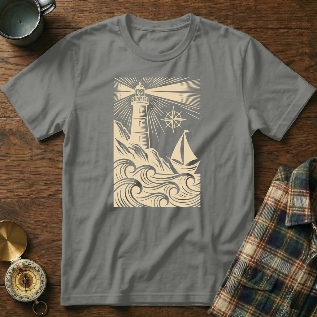 Beige lighthouse on rocky outcrop with sailboat and waves.