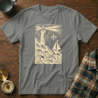 Beige lighthouse on rocky outcrop with sailboat and waves.
